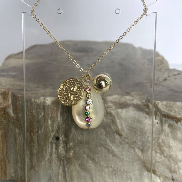 Gold Vermeil Sterling Silver 925 Pearl Gemstone Sanddollar Pendant Necklace 18" - Picture 6 of 16